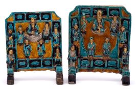 Two Chinese Fahua table screens: each decorated in relief with Shoulao and the Eight Immortals in