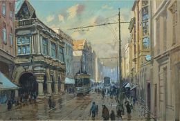 Sidney Carter [1874-1945]- 'After The Shower'; trams and pedestrians on Exeter High Street,