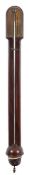 A Georgian mahogany stick barometer: the silvered dial engraved with typical markings and having an
