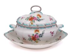 A Chelsea-Derby sauce tureen, cover and stand: with scroll handles and ring finial,