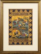 Three Mughal gouache pictures: depicting hunting scenes with script below and enclosed by floral