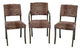 A set of six green painted wood and faux leopardskin upholstered side chairs,