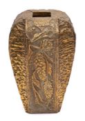 An Art Nouveau influence wood and brass clad vase: of ovoid tapering form with re-entrant corners