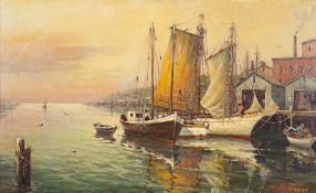 * William Alan Couper [1891-1972]- A busy harbour scene,:- signed bottom right oil on board,