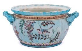 A Theodore Deck Aesthetic movement faience two-handled jardiniere: of lobed form with crimped rim