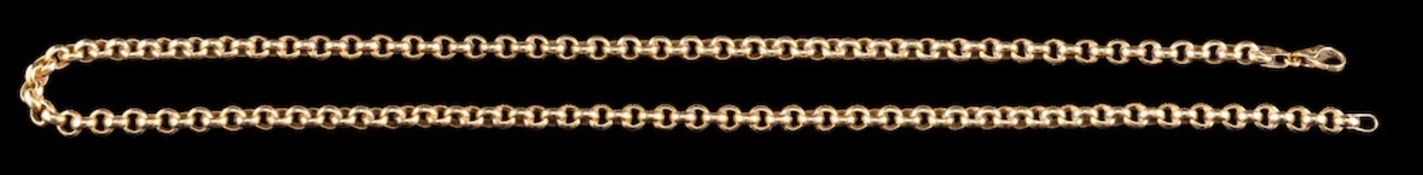 A 9 carat gold necklace,: the polished belcher link necklace with a lobster claw clasp,