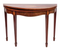 A George III mahogany and inlaid half round tea table:, crossbanded in kingwood,