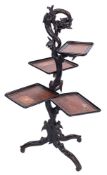 A Chinese carved ebonised and rosewood and marquetry four tier cake stand:,