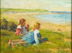 Manner of Newlyn School, signed Fred Powers- 'Summer'; girls resting on the edge of a beach,
