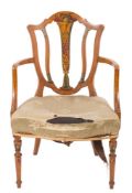 A late 19th century satinwood and decorated occasional elbow chair in the Hepplewhite taste:,