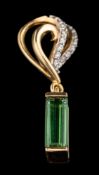 A green tourmaline and diamond pendant:, the rectangular cut green tourmaline,