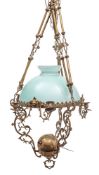 A 19th century French brass rise and fall chandelier: the six inverted scrolling arms issuing from