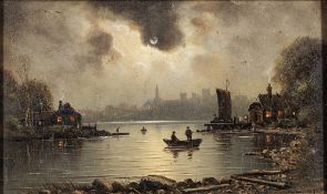 Nils Hans Chritiansen [1867-1939]- Moonlit river scene,