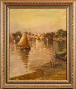 John Shapland [1865-1929]- The fishing fleet entering a harbour at sunset:- signed bottom right oil