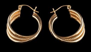 A pair of 9 carat gold hoops earrings,: the twisted hoops with post fittings,