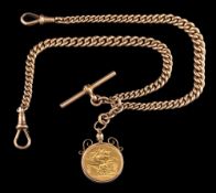 A George V gold sovereign,: 1915, in a pendant mount, on a 9 carat gold curb link chain,