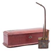A Chinese cloisonné, opium pipe: the rectangular bowl with canted corners,