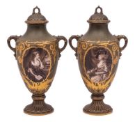 A pair of Royal Bonn (Franz Anton Mehlem) pottery vases and covers: of footed oviform domed covers,