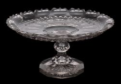 Two late 18th/19th century cut glass circular tazze: one with lobed rim, hollow stem and domed foot,