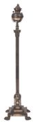 An Edwardian oxidised metal Corinthian column standard oil lamp:, adapted for electric light,