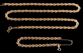 A 9 carat gold necklace,: the ropetwist necklace stamped 375, 68cm long; and a ropetwist bracelet,