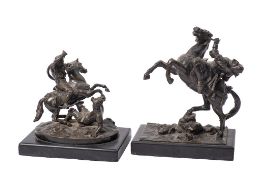 A late 19th century bronze equestrian figure: of a knight on a rearing horse,
