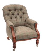 A Victorian mahogany button back armchair:, fully upholstered in sage green tartan fabric,