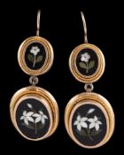 A pair of pietra dura ear pendants,: the oval hardstone panels with hardstone white flower inlay,