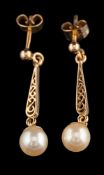 A pair of cultured pearl earrings,