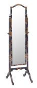 A blue lacquer and chinoiserie swing frame cheval mirror:, of domed outline, decorated with figures,