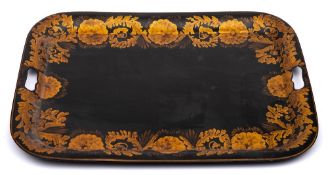 A 19th century toleware tray: of rectangular outline with gilded foliate decorated border,