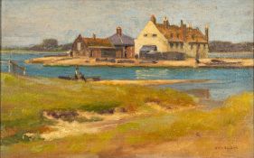 * Charles H H Burleigh [1875-1956]- Lowland Riverside, view to fishermen and buildings,