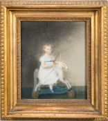 English School Circa 1860- Child on a wooden hobby horse,:- pastel drawing, 24 x 20cm.