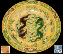A large Chinese Imperial yellow-ground 'dragon' charger: with Chuxiugong mark,