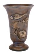 A William Moorcroft trumpet shaped vase: decorated and tube lined in the 'Fish' design under matt