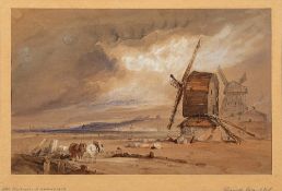 English School 19th Century- Windmills near the coast,