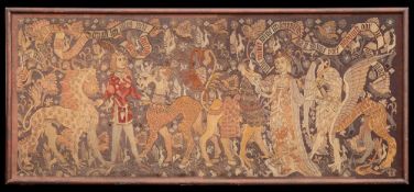 A large machine woven tapestry: depicting a Prince and Princess each holding mythical animals and