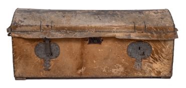 An 18th Century Continental hide covered and steel mounted and studded domed trunk:,