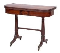 A Regency mahogany and inlaid card table:, bordered with boxwood and ebony lines,