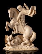 A Continental carved ivory group of St George and the Dragon: the Saint on a rearing horse