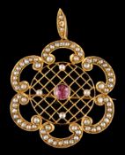 A pink tourmaline and pearl pendant/brooch,