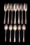 A set of seven George V silver pastry forks, maker Thomas Bradbury & Sons Ltd, Sheffield,