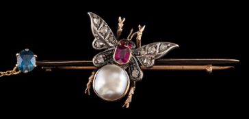 A late Victorian gem set bug brooch,: circa 1890, set with a blister pearl to the body,