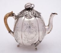 A Georgian silver teapot, all marks rubbed and worn, maker possibly William Reynolds ? Cork,