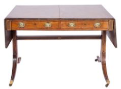 A Regency mahogany and inlaid sofa table:, bordered with ebony lines,
