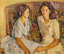 English School 20th Century- The Two Sisters,:- indistinctly signed bottom right oil on board,