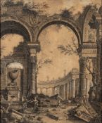 Manner of Giovanni Paolo Pannini [late 18/19th Century]- Figures amongst classical ruins,:- pen,