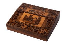 A 19th century Tunbridge ware writing slope: the hinged fall front decorated with a view of