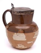 A Doulton Lambeth silver-mounted brown stoneware harvest jug: applied with traditional hunting