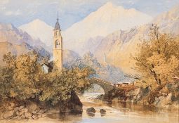 Cornelius Pearson [1805-1891]- View across an upland lake; Cattle herder crossing a bridge,:- two,